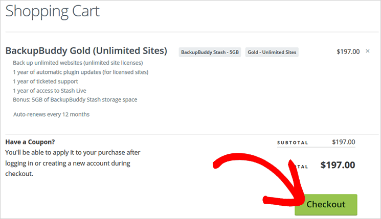 Checkout page for BackupBuddy