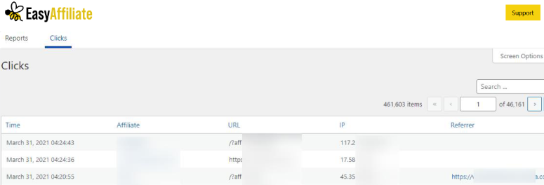 click reports page easy affiliate