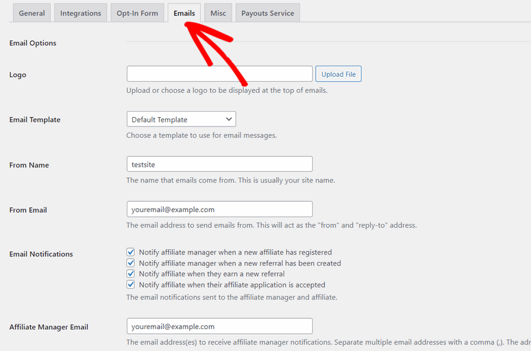 email settings affiliatewp