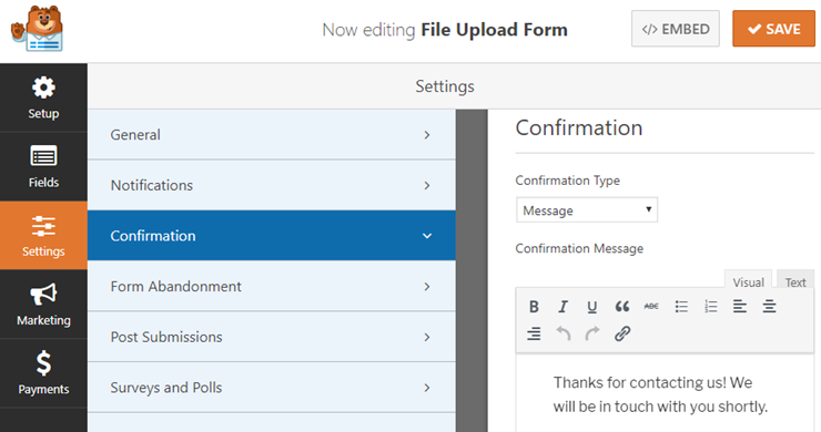 file upload form confirmation settings