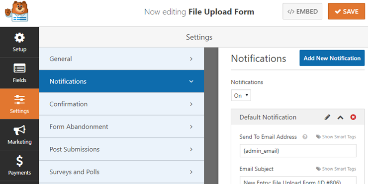 file upload form notifications