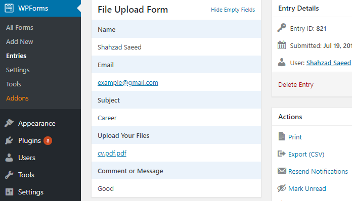 file upload form view entry