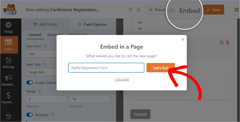 wpforms embed paypal registration form