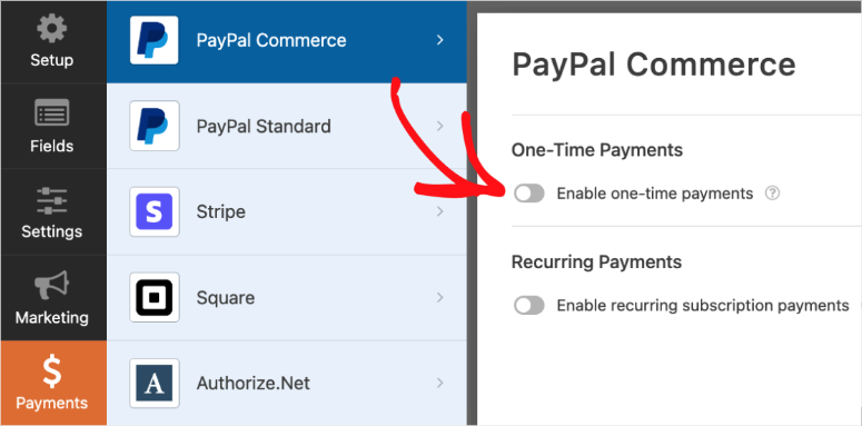 wpforms enable one time payments form builder