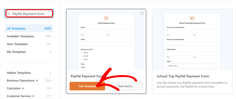 wpforms select paypal template