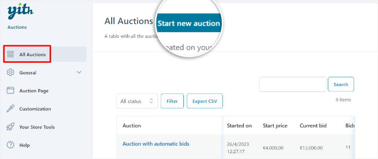 yith auctions start new auction