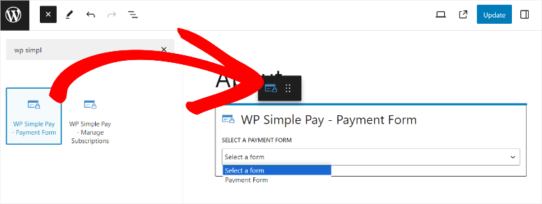 wp simple pay add form with block