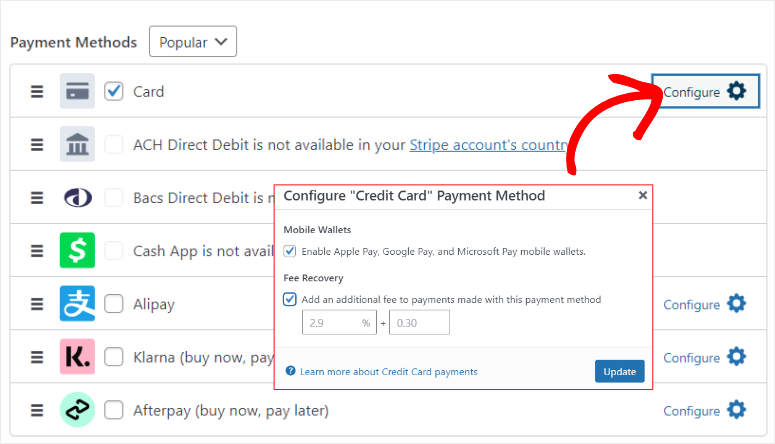 wp simple pay configure payment methods