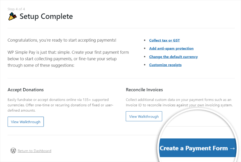 wp simple pay wizard complete