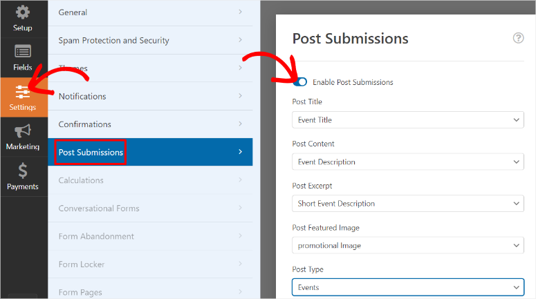 wpforms enable post submissions