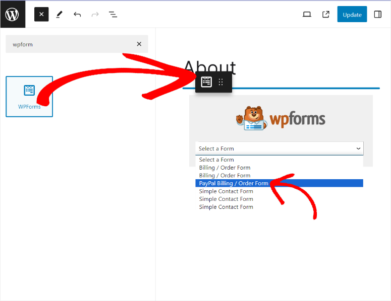 wpforms select form from block