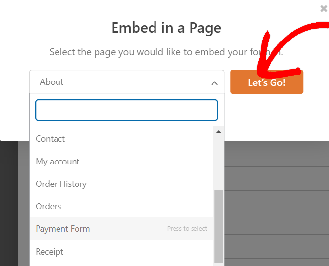 wpforms select page for form