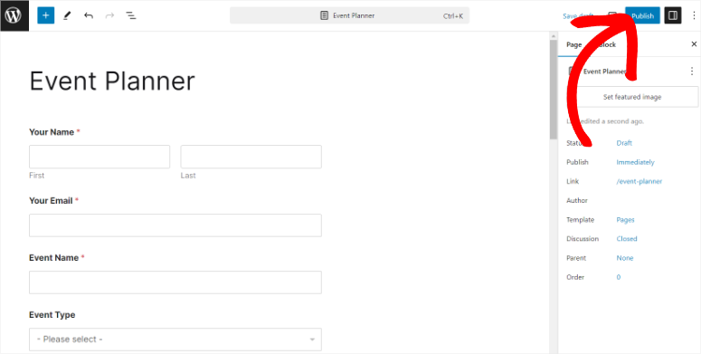 publish wpforms event planner form