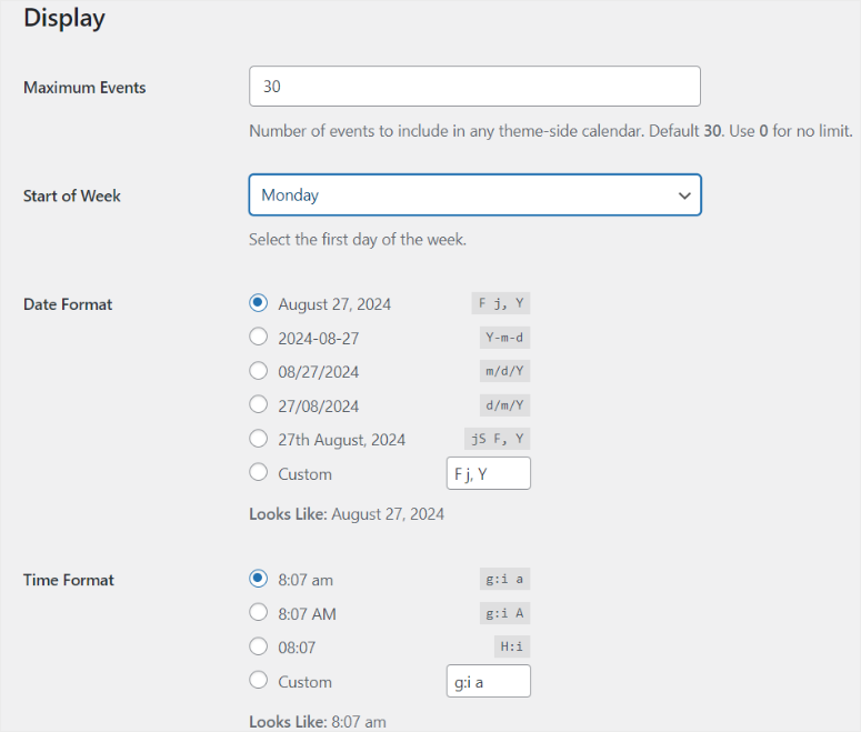 sugar calendar display settings