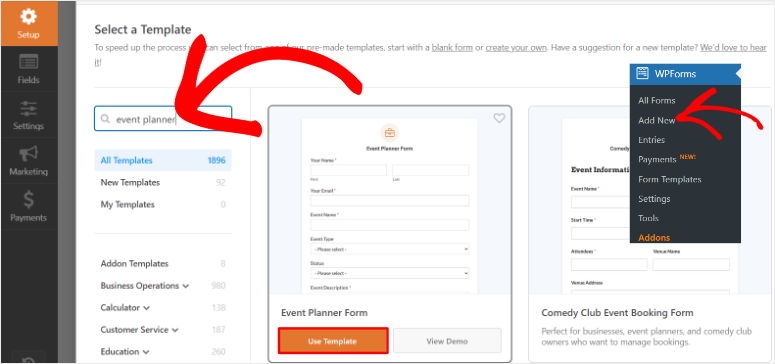 wpforms use event planner template