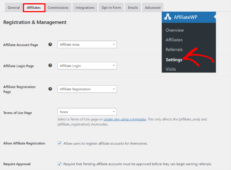 affiliatewp registration and management settings