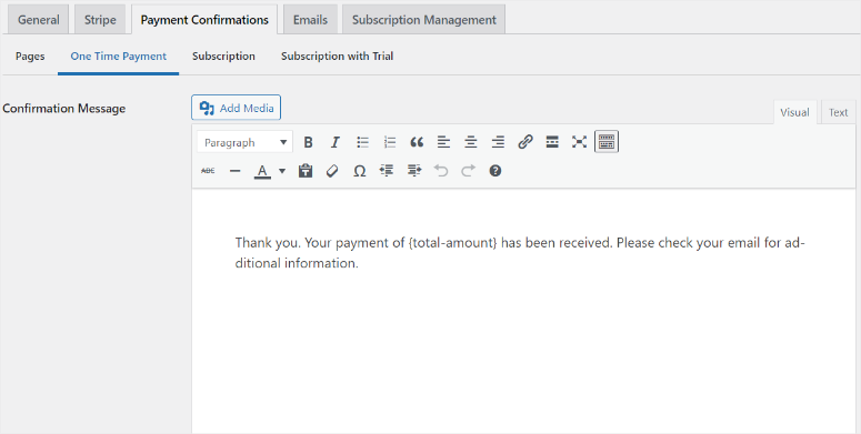 wp simple pay confirmation message