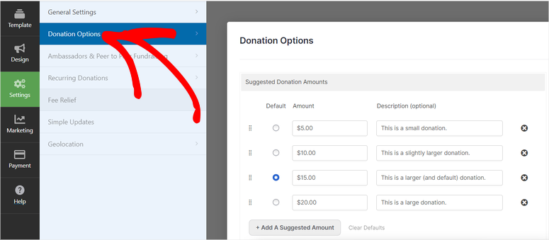 charitable default donation options