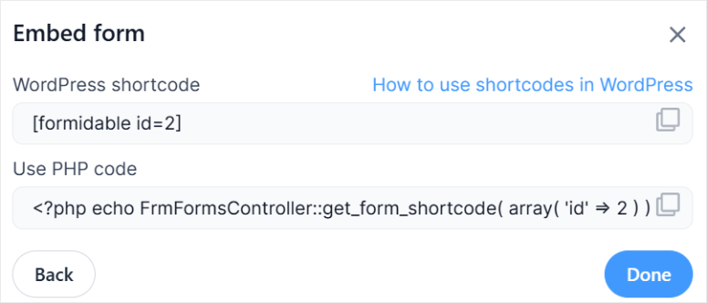 formidable forms embed with shortcode