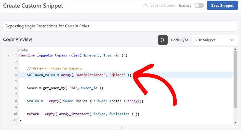 wpcode bypass login restrictions certain roles