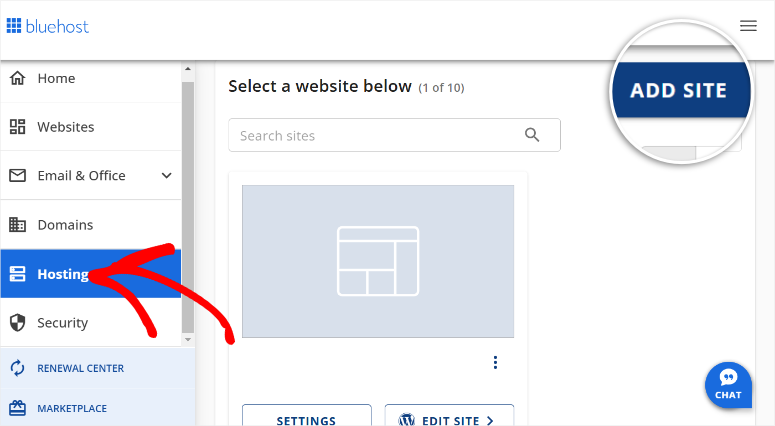 bluehost add site