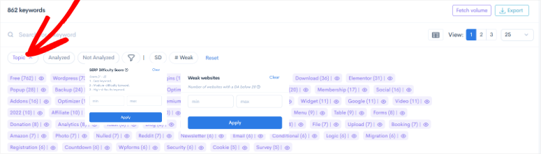 lowfruits keyword analysis filters