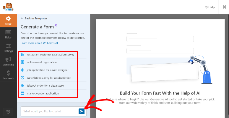 wpforms ai form builder interface